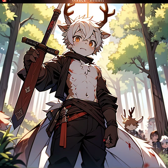 Shonen Shota,antlers,hairy,Deer tail,brown and white hair,Topless,Wearing semi-transparent underwear,Surrounded by trees, with a wooden sword on the waist,individual,There are blood stains around,Combat Status