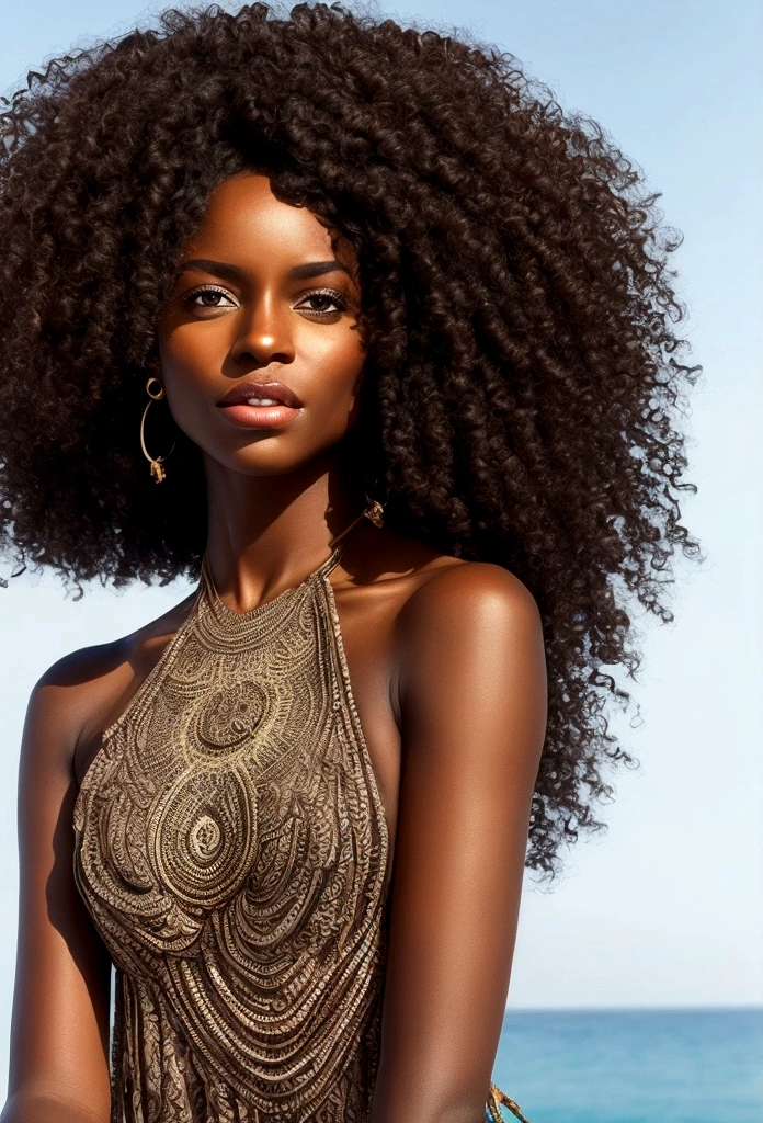 dark skinned woman, with curly hair, with summer clothes