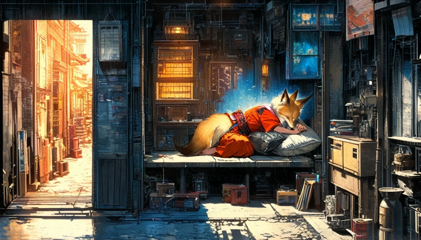 Super detailed:1.3, (Absurd, texture, masterpiece), pixiv Contest Winner, John Berkey, Dynamic cartoon style illustration,fox spirit stroking the head of sleeping on his lap,Colored pencil style、High precision、detailed、８K,Dark aesthetic,Euphoric,Beautiful woman,Old alley background, Dozing off,Crayon colored Zentangle,overview,Anime key visual,japanese style,kyoto background
