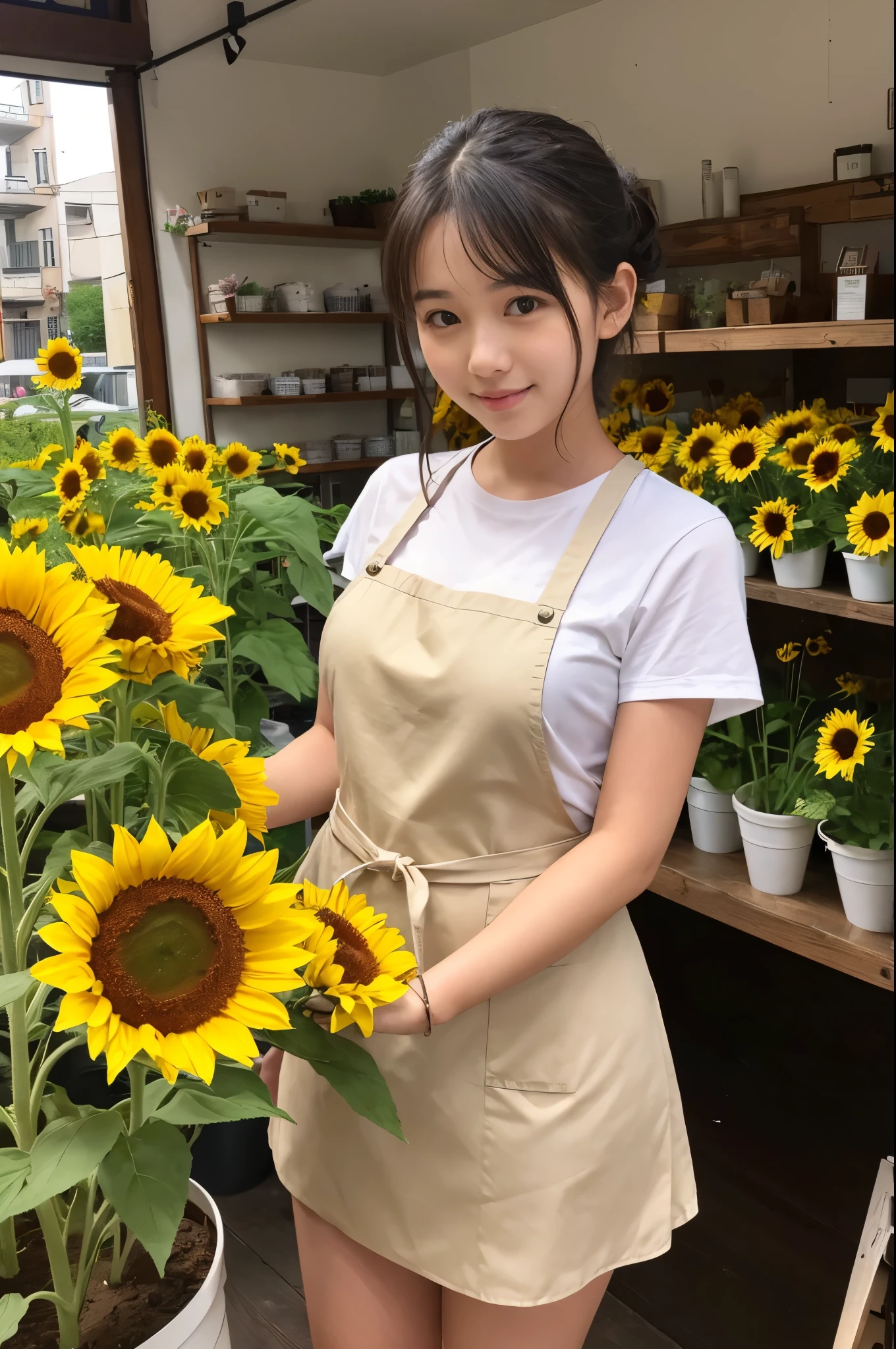 A 20-year-old girl working at a flower shop(Wearing a miniskirt and apron)have a sunflower