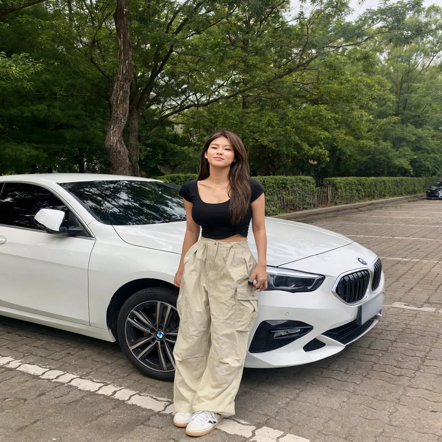 A young woman poses confidently in front of a white BMW parked on a tree-lined street. She is wearing a stylish outfit that consists of a fitted black crop top and loose, beige cargo pants paired with white sneakers. The serene green trees and the clean lines of the car provide a contrast to her casual yet chic look. She stands with a relaxed posture, exuding a sense of effortless style. The natural background complements the modern and minimalistic aesthetic of the scene.