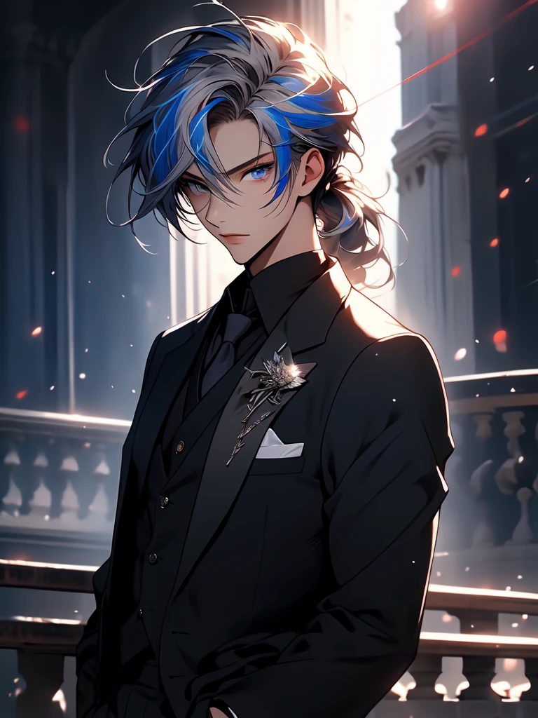 (masterpiece:1.2), (highest quality:1.2), Perfect Eyes, Perfect Face, Perfect lighting, 1 woman, lady, make-up, gray and ((streaked hair)), highlights hair, low ponytail, formal suit, blue eyes, ikemen, cool, goth, gorgeous, crossdressing, cowboy shot, clear eyes,