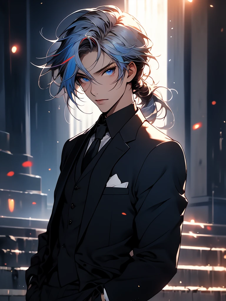 (masterpiece:1.2), (highest quality:1.2), Perfect Eyes, Perfect Face, Perfect lighting, 1 woman, lady, make-up, gray and ((streaked hair)), highlights hair, low ponytail, formal suit, blue eyes, ikemen, cool, goth, gorgeous, crossdressing, cowboy shot, clear eyes,