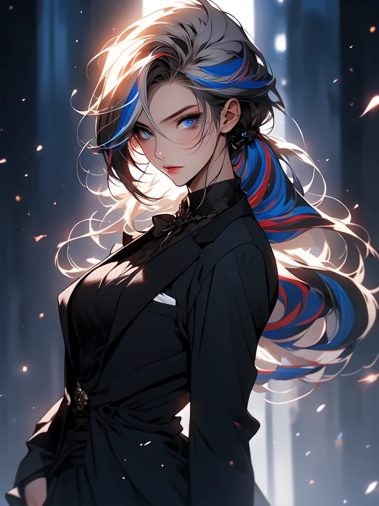 (masterpiece:1.2), (highest quality:1.2), Perfect Eyes, Perfect Face, Perfect lighting, 1 woman, lady, make-up, gray and ((streaked hair)), highlights hair, low ponytail, formal suit, blue eyes, ikemen, cool, goth, gorgeous, crossdressing, cowboy shot, clear eyes,