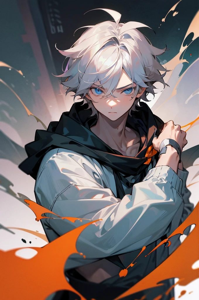 Masterpiece artwork, best qualityer, high qualiy, 1boy, solo, male focus, gazing at viewer, upperbody, wearing a black hood, he is hooded, Messy hair
