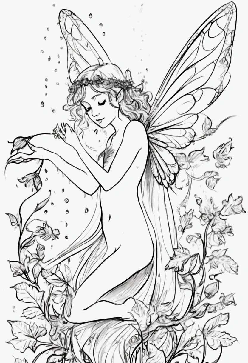 A fairy with delicate wings collecting dew drops from leaves. clean line art, white background, colouring page, clean outline, sketch style, floral frame, decorative panel, abstract ,sketch, character lines and scenes without colors and shadows. (Masterpiece, Best Quality, Highres:1.4), Detailed, Intricate Details, 4K, color splashes, line art