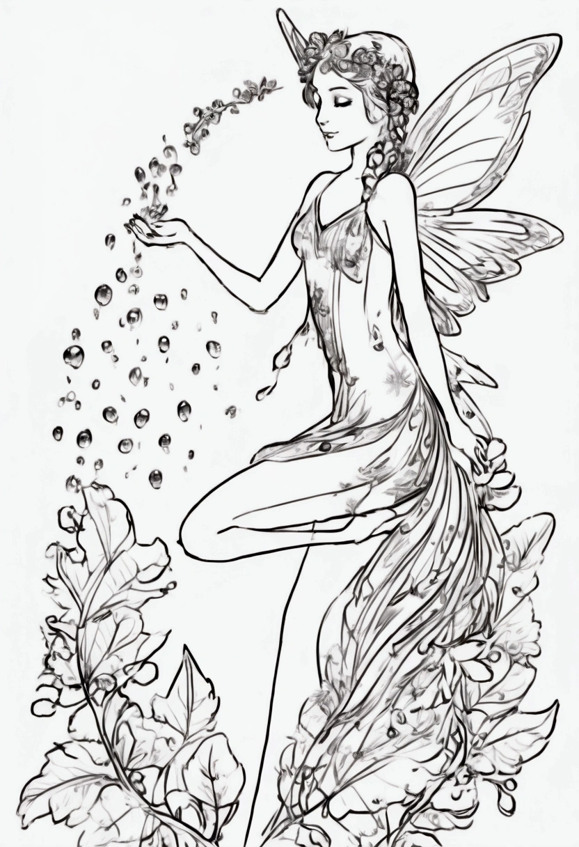 A fairy with delicate wings collecting dew drops from leaves. clean line art, white background, colouring page, clean outline, sketch style, floral frame, decorative panel, abstract ,sketch, character lines and scenes without colors and shadows. (Masterpiece, Best Quality, Highres:1.4), Detailed, Intricate Details, 4K, color splashes, line art