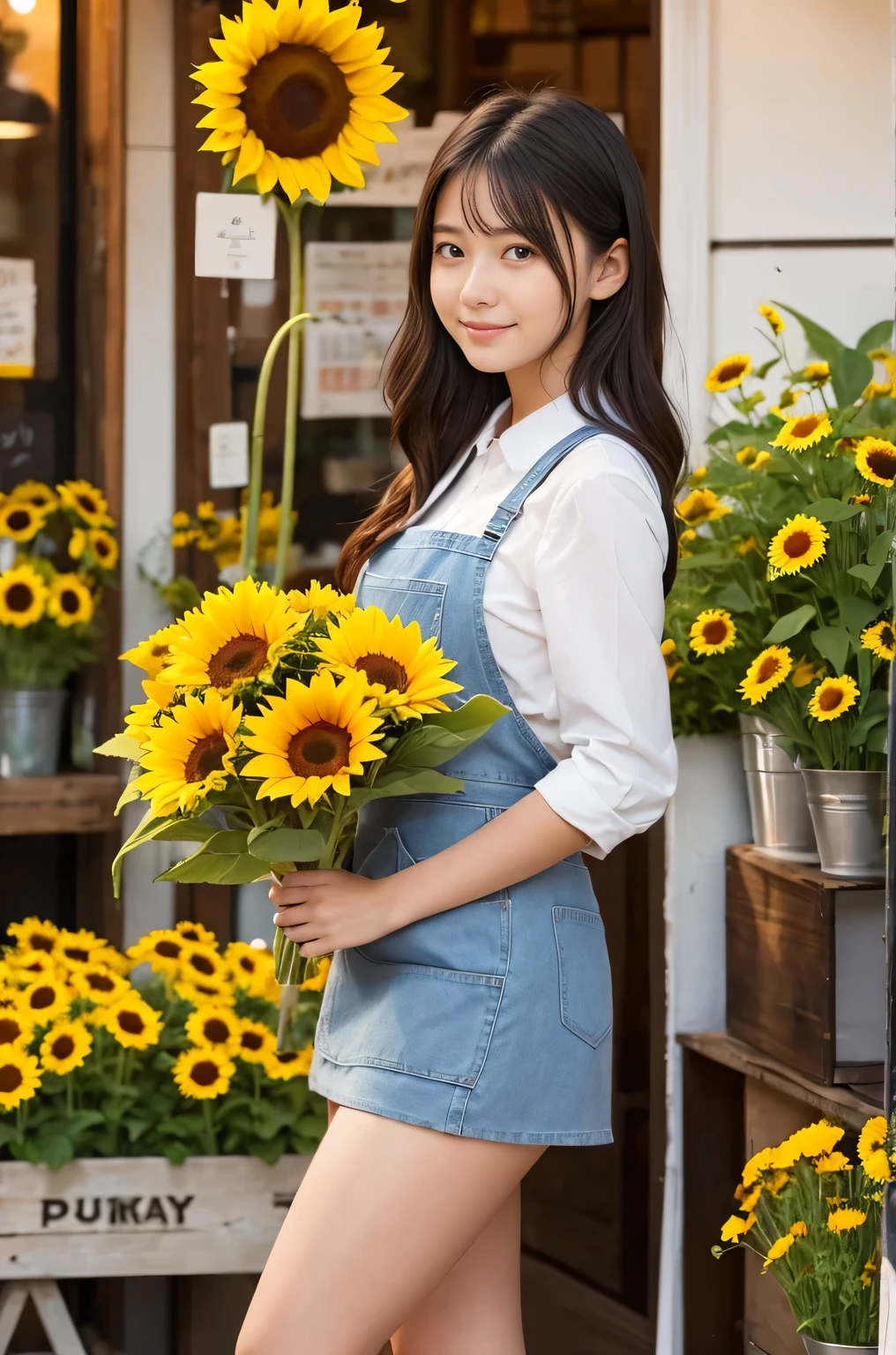 A 20-year-old girl working at a flower shop(Wearing a miniskirt and apron)have a sunflower