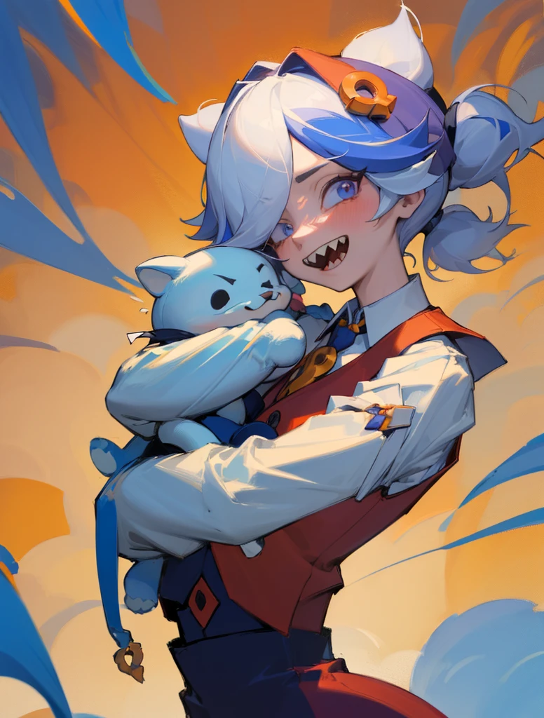 (masterpiece, best quality:1.2), solo, 1girl, colette, sharp teeth, \:d, looking at viewer, incoming hug, white hair, two-tone collared shirt, red vest, sleeves past wrists que se muestre su trasero