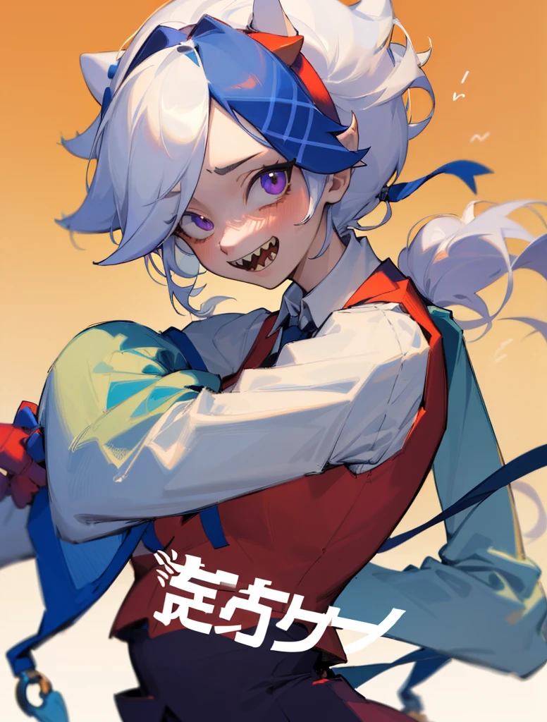 (masterpiece, best quality:1.2), solo, 1girl, colette, sharp teeth, \:d, looking at viewer, incoming hug, white hair, two-tone collared shirt, red vest, sleeves past wrists que se muestre su trasero