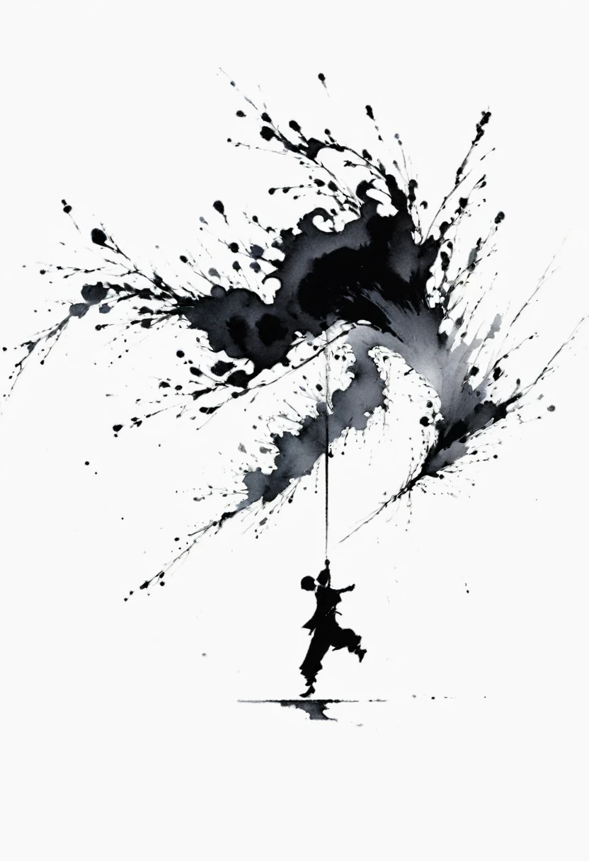 中国Ink Painting, Gray and White, Minimum,White background,The Trail, Minimalism, Huge negative space, Ink Painting, Abstract,A person dancing in the rain