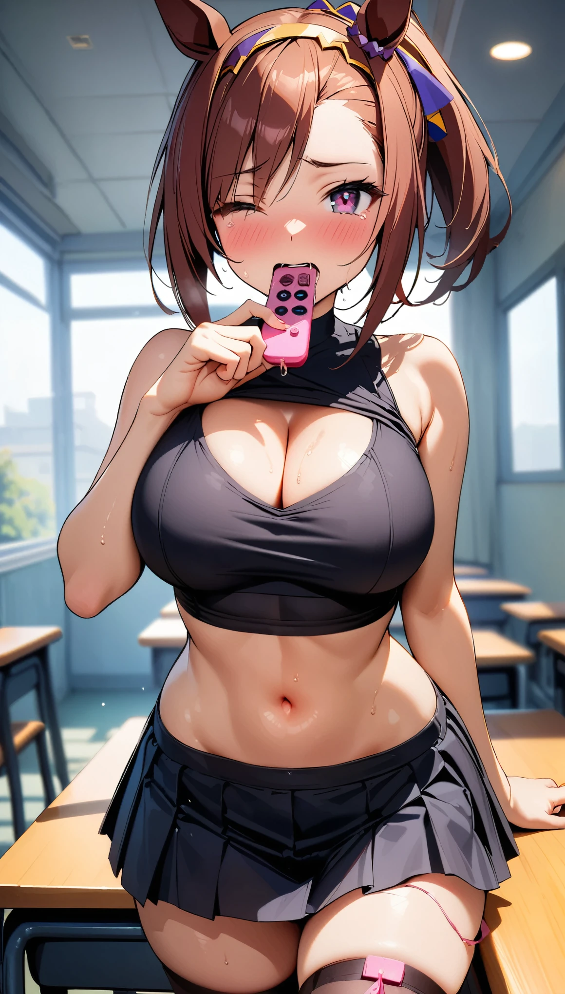 [1girl, sakura bakushin o \(umamusume\), umamusume], (throw_hand, pink vibrator remote switch in throw_hand, throw:1.2), Highest quality, Super detailed, masterpiece, Ultra-high resolution, 8K, Ridiculous, Cowboy Shooting, Blurred, One girl, Focus on the girl, Embarrassing, blush, Lovely, Close one eye, With tears in her eyes and her mouth open, What saliva leaves behind, Wet skirt hem, (Sticky panties:1.1), Bulging of the vibrator cord, Vibrator with Garters, (cleavage), Classroom Background, The skirt is accidentally exposed,(large breasts), (crop top navel), (waist line), Accidentally exposed panties