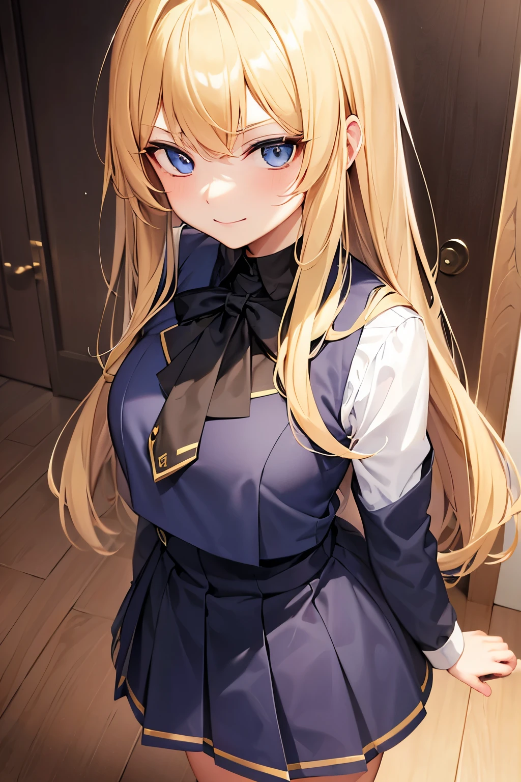 beautiful girl, school dress and uniform, narcissistic gaze, cruel and merciless, egocentric smile, dull yellow hair, intense blue eyes, tall girl, bully.