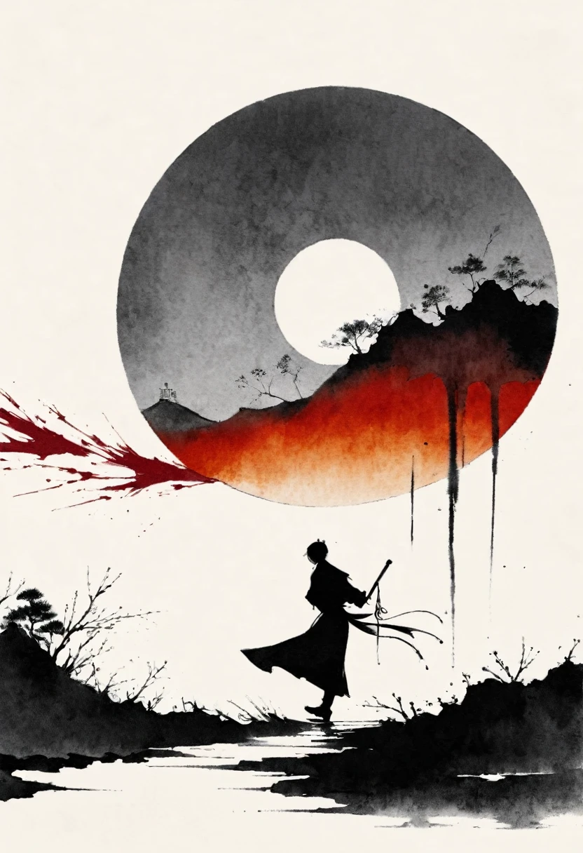 中国Ink Painting, Gray and White, Minimum,White background,The Trail, Minimalism,  Huge negative space, Ink Painting, Abstract，Blood-stained sunset，A person dancing in the rain