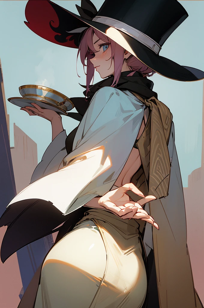 Woman in top hat and top hat,anime shading), Female protagonist 👀 :8, anime shading, an anime drawing, anime sketch, character with a hat, Anime Paintings,Back to the future:The protagonist in 1999, Virtin,Holding a teacup in one hand,The other hand holds the plate,90s of the last century, 1999,Scarf,ellegance,World-weary eyes,Flesh-colored skin