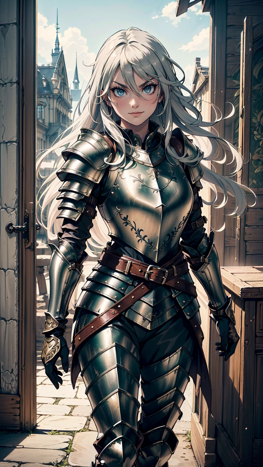 最high quality、Ultra High Definition, Ultra High Quality, Hyper Definition, Hyper Quality, Hyper Detailed, Extremely Detailed, Perfectly Detailed, Best image quality、masterpiece、anime woman((20-year-old、super dynamic pose , Green solid eyes, Silver long Hair、Disheveled Hair、Long White Hair, Gloves Belt、Armored pants, Noble Armor, Smirk, cheerful expression, Detailed Cuirass , Dressed in Full Coverage Noble Plate Armor, leg armor)),high quality、Beautiful art、background((Inside the mansion))、Written boundary depth、 movie、Visual Arts、Perfect art、8K,Genuine、