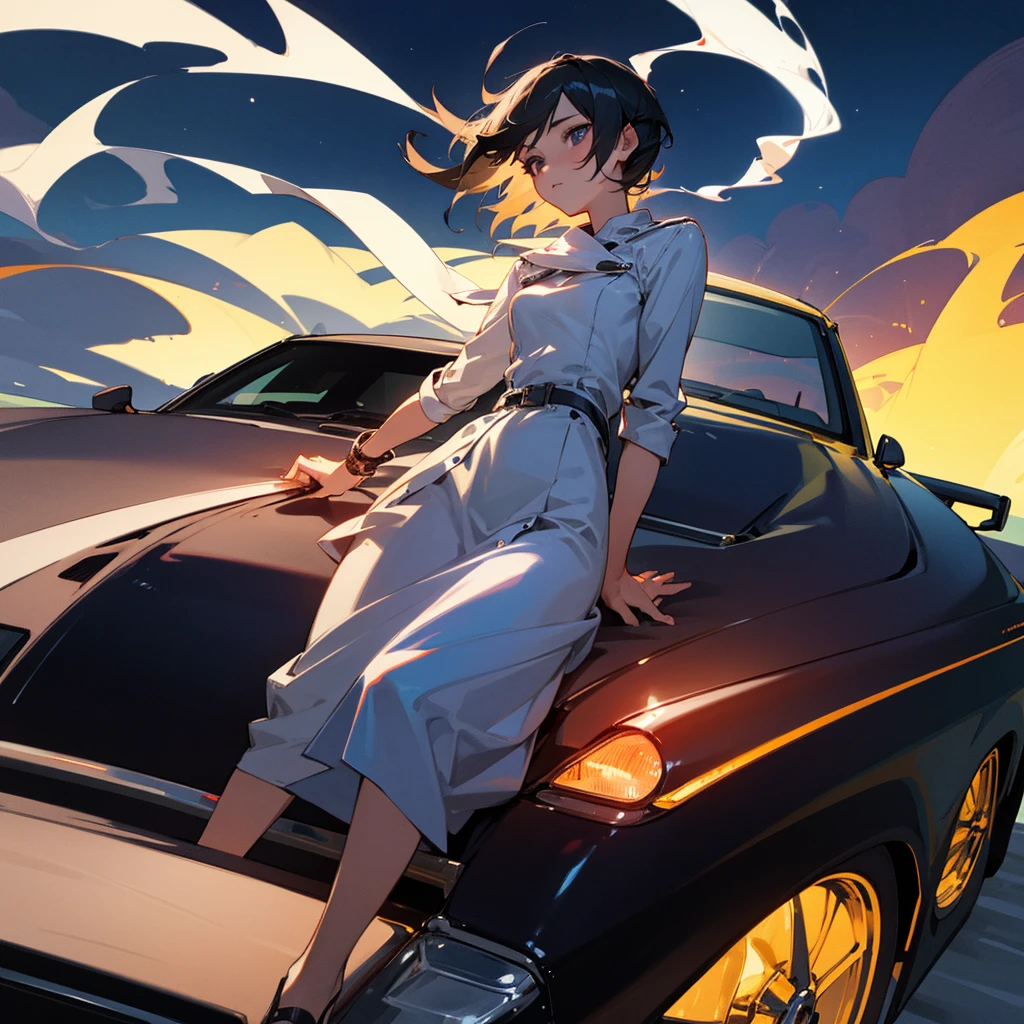 1 girl, Sit on the hood of the car, smoking, night time
