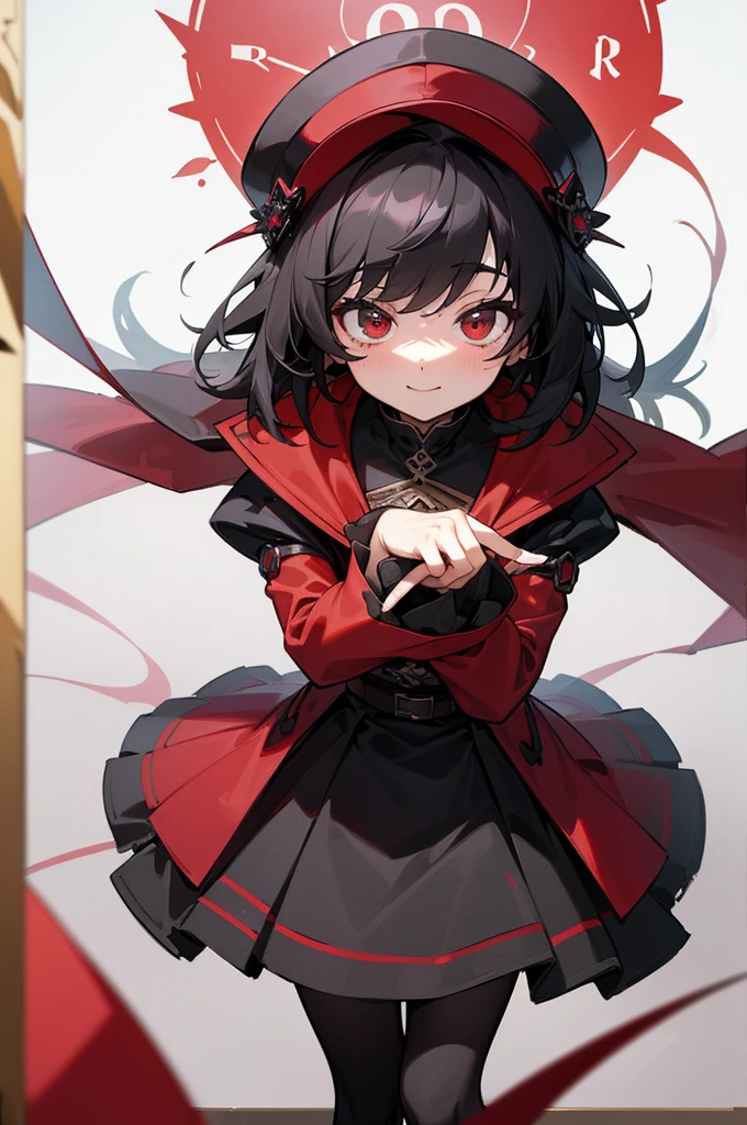 (disorganized, 8K, 4K, masterpiece, very detailed:1.2), ((masterpiece,highest quality)), disorganized, Ruby_ticker, alone, looking at the viewer, smile, Rubyローズ, black dress, long sleeve, red cloak, pantyhose,

