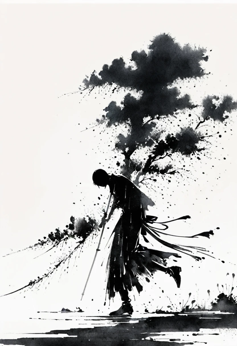 中国Ink Painting, Gray and White, Minimum,White background,The Trail, Minimalism,  Huge negative space, Ink Painting, Abstract，heavy rain，A person dancing in the rain