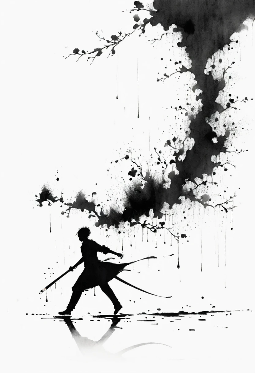 中国Ink Painting, Gray and White, Minimum,White background,The Trail, Minimalism, Huge negative space, Ink Painting, Abstract,heavy rain,A person dancing in the rain