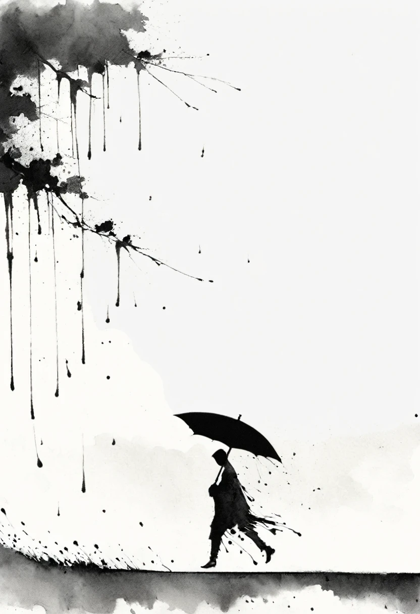 Abstract (black and white) watercolor painting of a bunch of open umbrellas receiving rain, and allowing water to drip from the rim, masterpiece, in the style of Andy Warhol