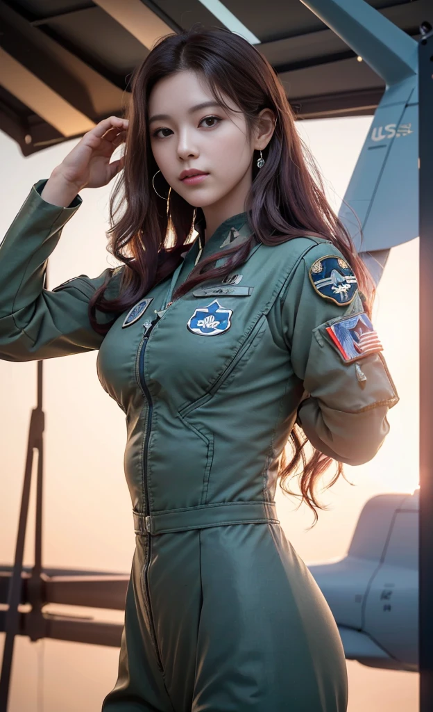 (best quality, 8K, 32k, masterpiece, Ultra HD:1.2), (Practical:1.5), (masterpiece, Extremely detailed CG unity 8K wallpaper, best quality, high resolution:1.2), (Extremely detailed, Ultra HD:1.2), Photo of extremely cute and beautiful Japanese Miss, (Maroon with long wavy hair:1.2), aldult, (Beautiful Korean girl:1.4), best quality,high resolution, Miss, aldult, (U.S. Air Force pilot details:1.5), (Military green pilot suit:1.3),Detailed clothes, (Background of military helicopters parked at the US Air Force base:1.3), 1, A faint smile, Looking at the audience, For the audience, ((Perfect female body)), (Willow Waist:1.2), (Upper body pictures:1.3), slim, Abdominal muscles, (Big breasts:1.25), ((Frame the head)), wind, Dynamic poses, light, Backlight, Perfect anatomical structure, Perfect proportion, Detailed human body, Bokeh, Depth of Field,