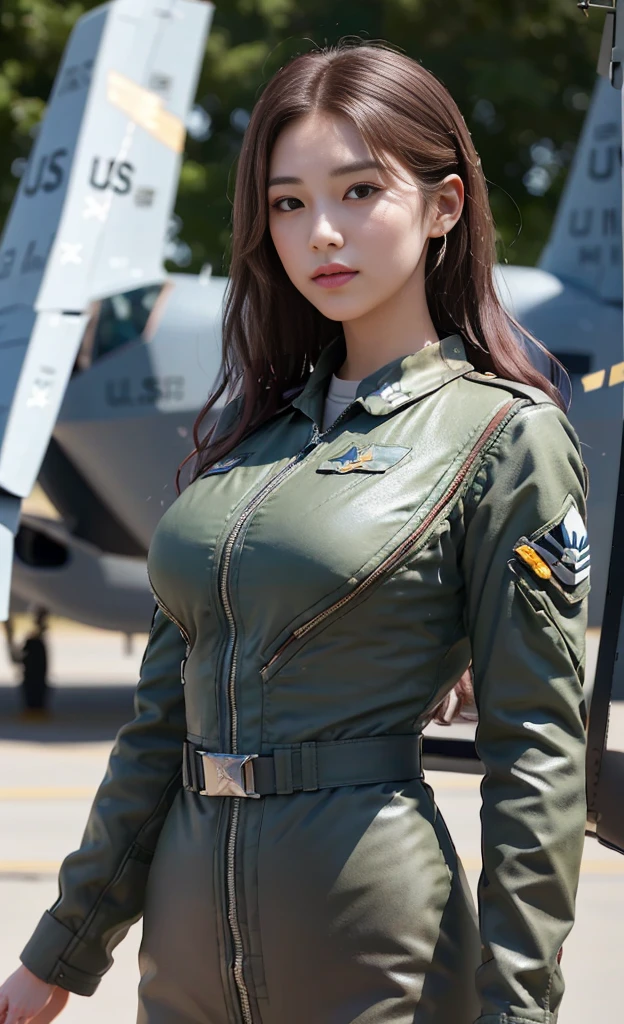 (best quality, 8K, 32k, masterpiece, Ultra HD:1.2), (Practical:1.5), (masterpiece, Extremely detailed CG unity 8K wallpaper, best quality, high resolution:1.2), (Extremely detailed, Ultra HD:1.2), Photo of extremely cute and beautiful Japanese Miss, (Maroon with long wavy hair:1.2), aldult, (Beautiful Korean girl:1.4), best quality,high resolution, Miss, aldult, (U.S. Air Force pilot details:1.5), (Military green pilot suit:1.3),Detailed clothes, (Background of military helicopters parked at the US Air Force base:1.3), 1, A faint smile, Looking at the audience, For the audience, ((Perfect female body)), (Willow Waist:1.2), (Upper body pictures:1.3), slim, Abdominal muscles, (Big breasts:1.25), ((Frame the head)), wind, Dynamic poses, light, Backlight, Perfect anatomical structure, Perfect proportion, Detailed human body, Bokeh, Depth of Field,