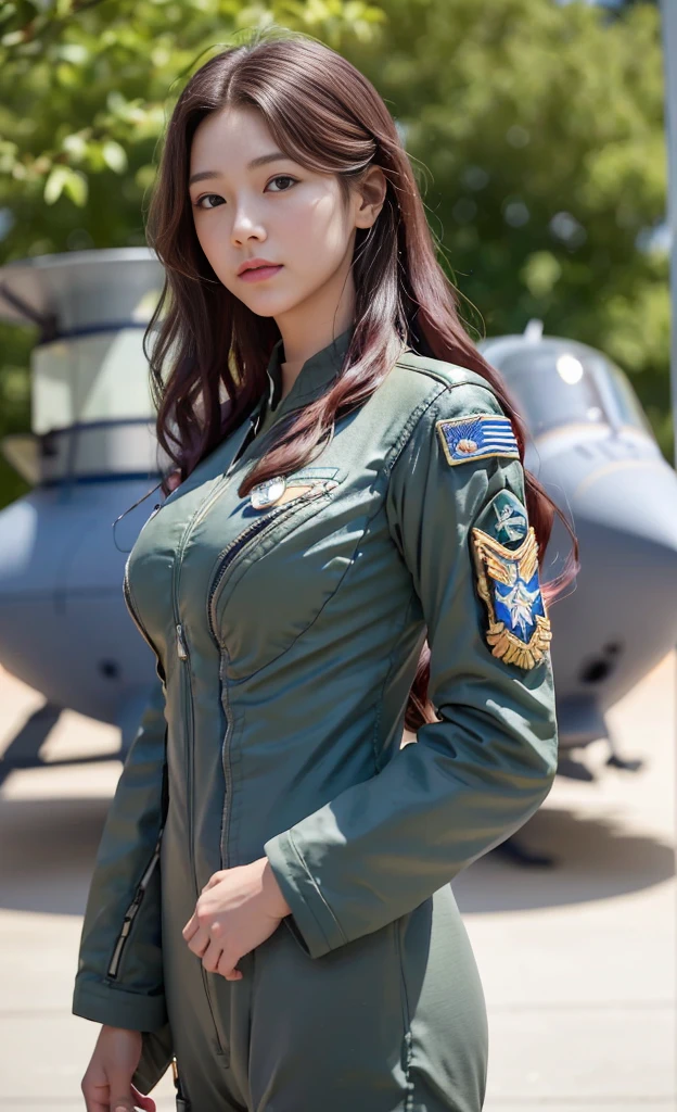 (best quality, 8K, 32k, masterpiece, Ultra HD:1.2), (Practical:1.5), (masterpiece, Extremely detailed CG unity 8K wallpaper, best quality, high resolution:1.2), (Extremely detailed, Ultra HD:1.2), Photo of extremely cute and beautiful Japanese Miss, (Maroon with long wavy hair:1.2), aldult, (Beautiful Korean girl:1.4), best quality,high resolution, Miss, aldult, (U.S. Air Force pilot details:1.5), (Military green pilot suit:1.3),Detailed clothes, (Background of military helicopters parked at the US Air Force base:1.3), 1, A faint smile, Looking at the audience, For the audience, ((Perfect female body)), (Willow Waist:1.2), (Upper body pictures:1.3), slim, Abdominal muscles, (Big breasts:1.25), ((Frame the head)), wind, Dynamic poses, light, Backlight, Perfect anatomical structure, Perfect proportion, Detailed human body, Bokeh, Depth of Field,