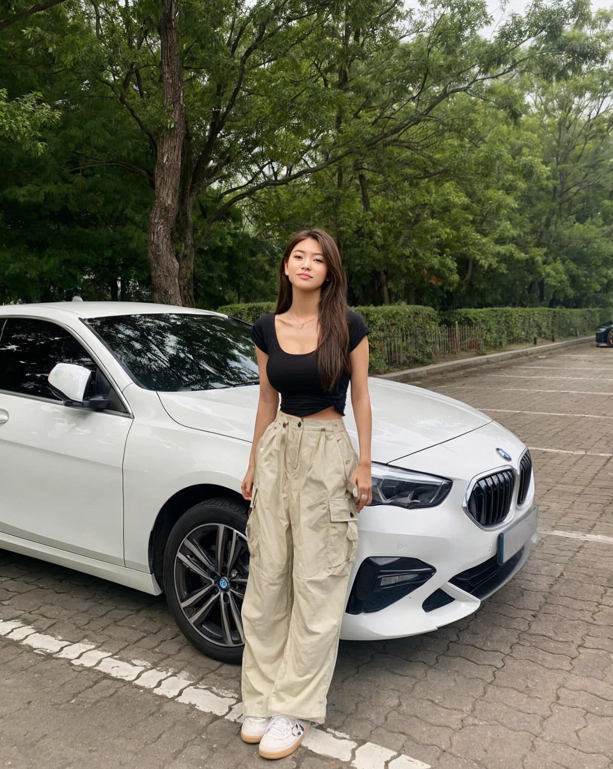 A young woman poses confidently in front of a white BMW parked on a tree-lined street. She is wearing a stylish outfit that consists of a fitted black crop top and loose, medium breast, beige cargo pants paired with white sneakers. The serene green trees and the clean lines of the car provide a contrast to her casual yet chic look. She stands with a relaxed posture, exuding a sense of effortless style. The natural background complements the modern and minimalistic aesthetic of the scene.