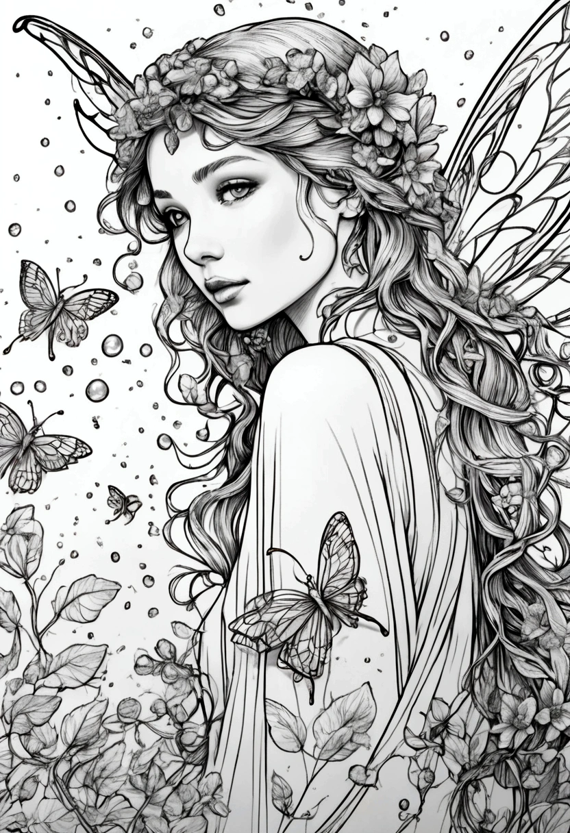 A fairy with delicate wings collecting dew drops from leaves. clean line art, white background, colouring page, clean outline, sketch style, floral frame, decorative panel, abstract ,sketch, character lines and scenes without colors and shadows. (Masterpiece, Best Quality, Highres:1.4), Detailed, Intricate Details, 4K, color splashes, line art