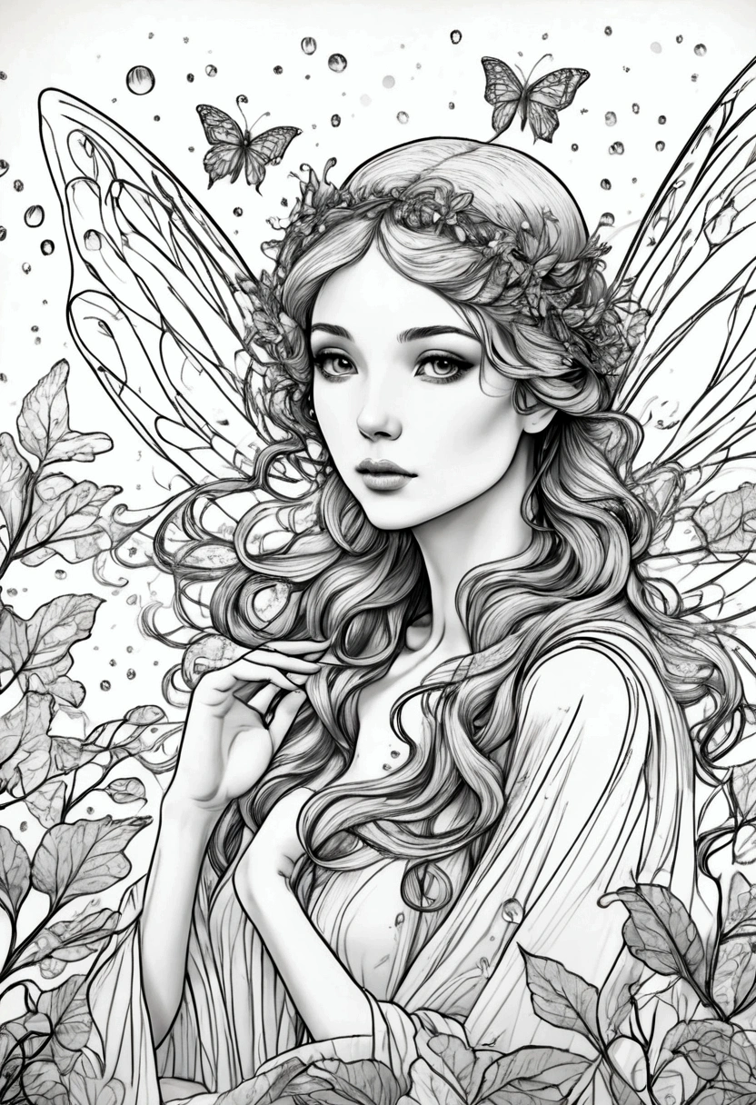 A fairy with delicate wings collecting dew drops from leaves. clean line art, white background, colouring page, clean outline, sketch style, floral frame, decorative panel, abstract ,sketch, character lines and scenes without colors and shadows. (Masterpiece, Best Quality, Highres:1.4), Detailed, Intricate Details, 4K, color splashes, line art