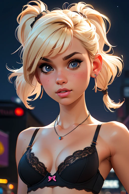 (best quality,4k,highres,ultra-detailed,realistic:1.2), a young girl, small breasts,short blond  hair with a pigtail and bangs,  flat abs, black lace bra, earrings , necklace out in the street at night, neon lights and advertising, close-up portrait 