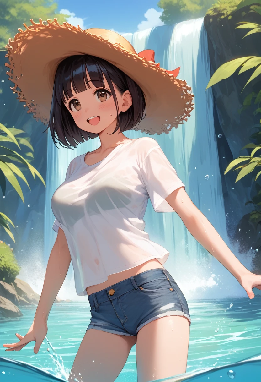 score_9,score_8_up,score_7_up,masterpiece,best quality, source anime, realistic, super detailed, extreme detailed, rating_safe,
1girl, standing, holding straw hat, spread arms, legs in the water, looking up,
BREAK girl, 22yo, short hair, bob cut, (blunt bangs), black hair, (tareme, detailed cute brown eyes), curled eyelashes, (large breasts:0.9),
shiny hair, beautiful detailed eyes, beautiful face,
slender, small ass, slim legs,
white t-shirt, denim shorts, sweat, (see through:1.1), 
blush, smile, open mouth,
outdoors, summer, (wood, waterfall:1.3), sky, shade, Splash of water,