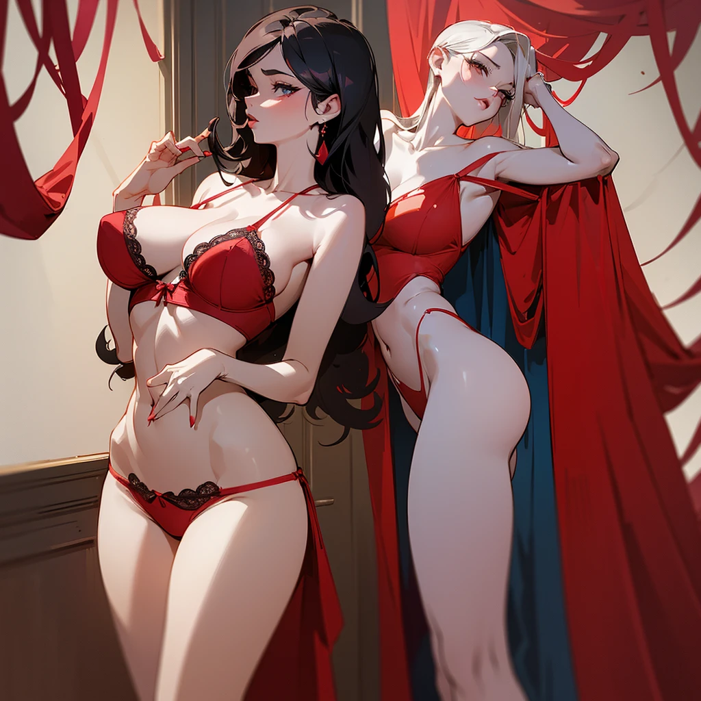 sexy woman in red lingerie posing gracefully for a photo, sexy lingerie beauty, wavy lingerie, lingerie, inverted triangle body type, Waist slender, sexy girl, mulher de corpo inteiro, wearing sexy lingerie, beautiful seductive woman, slender figure, cartoon vector style, corpo pin-up, Broad Hips