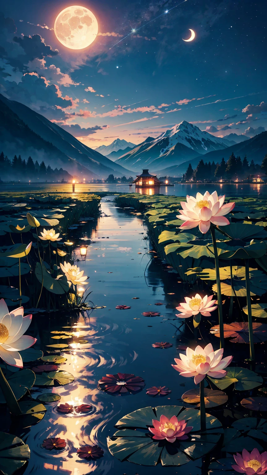 night, Only moonLight illuminates, Meniscus, Mountains in the distance, Beautiful big lotus nearby, Big red lotus, There is running water next to it, frog, Summer is full of joy, The sky is mixed with crescent moon and stars, Amazing wallpapers, Beautiful and beautiful, Light, High Detail, 8K