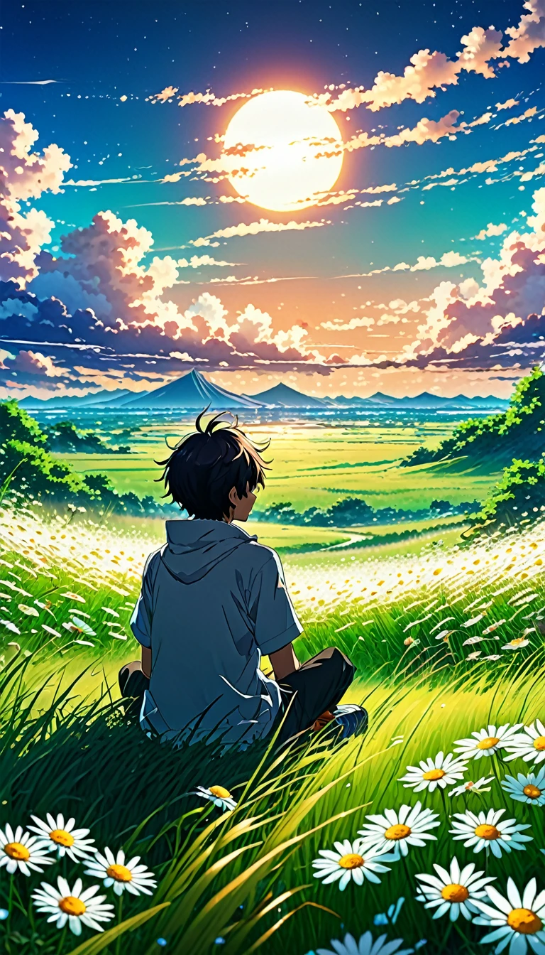 Anime landscape of a boy sitting in a field with tall grass and daisy flowers watching a void with white clouds, colorful anime scene, a beautiful anime peace scene, Makoto Shinkai Cyril Rolando, a beautiful anime scene, a background of amazing screen, an anime art wallpaper 8k, anime background, anime art background, anime wallpaper 4k, anime art 4k wallpaper, anime art 4k wallpaper,