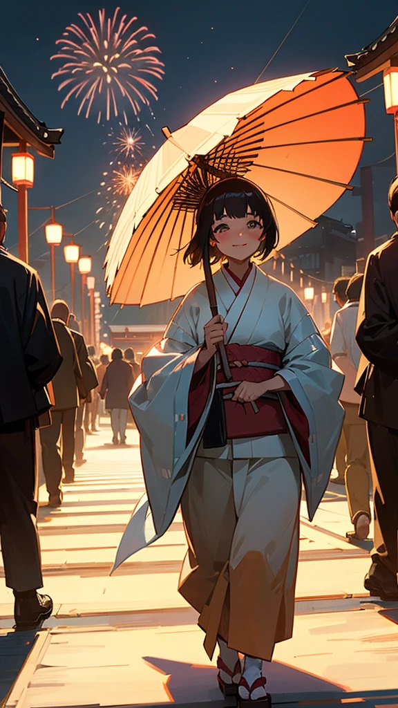 A short-haired beautiful woman wearing a Japanese yukata, holding a fan in her right hand, with a slight blush on her cheeks, aged 20. Walking hand-in-hand with her handsome boyfriend, who is also wearing a Japanese yukata. They are walking through a lively festival at night under a sky filled with fireworks. The scene is naturally illuminated with stalls lining both sides of the path. They walk down the center, smiling, amidst the crowd. The image should be highly detailed, 8K resolution.