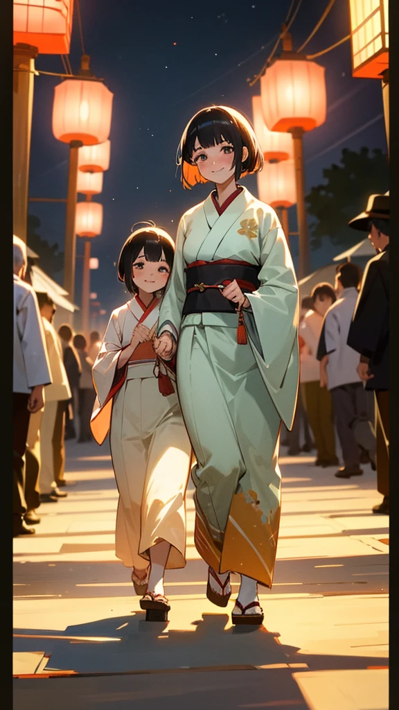 A short-haired beautiful woman wearing a Japanese yukata, holding a fan in her right hand, with a slight blush on her cheeks, aged 20. Walking hand-in-hand with her handsome boyfriend, who is also wearing a Japanese yukata. They are walking through a lively festival at night under a sky filled with fireworks. The scene is naturally illuminated with stalls lining both sides of the path. They walk down the center, smiling, amidst the crowd. The image should be highly detailed, 8K resolution.