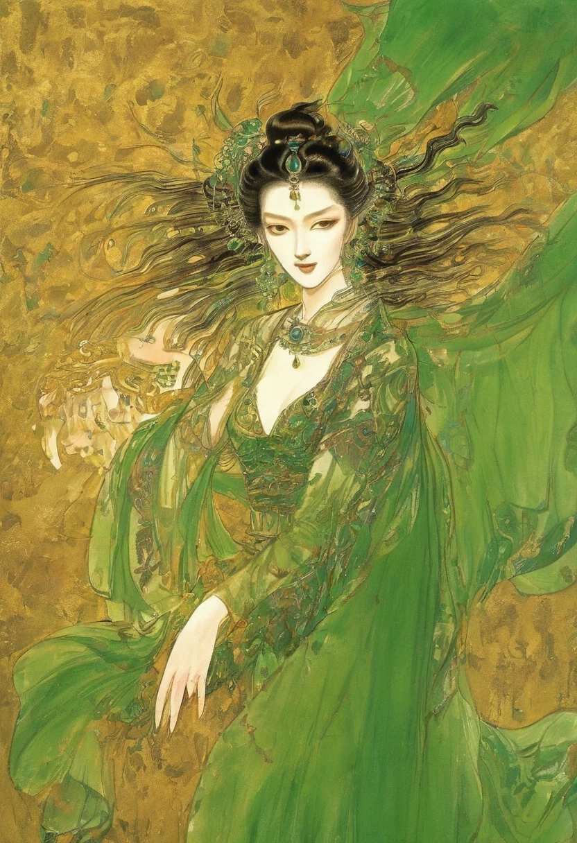 (masterpiece, best quality:1.2), Elegant girl, Striking pose, Exquisite detail features, Sharp eyes, Hooked nose, Sexy lips, Gorgeous clothing, Symmetrical composition, light, Dramatic chiaroscuro, Rich color palette, High contrast, The art of math, Reality，Xianxia，Anatomically correct:2，green，blue