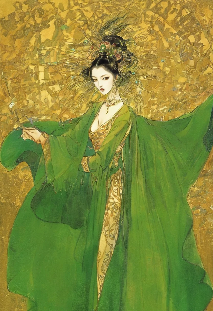 (masterpiece, best quality:1.2), Elegant girl, Striking pose, Exquisite detail features, Sharp eyes, Hooked nose, Sexy lips, Gorgeous clothing, Symmetrical composition, light, Dramatic chiaroscuro, Rich color palette, High contrast, The art of math, Reality，Xianxia，Anatomically correct:2，green，blue