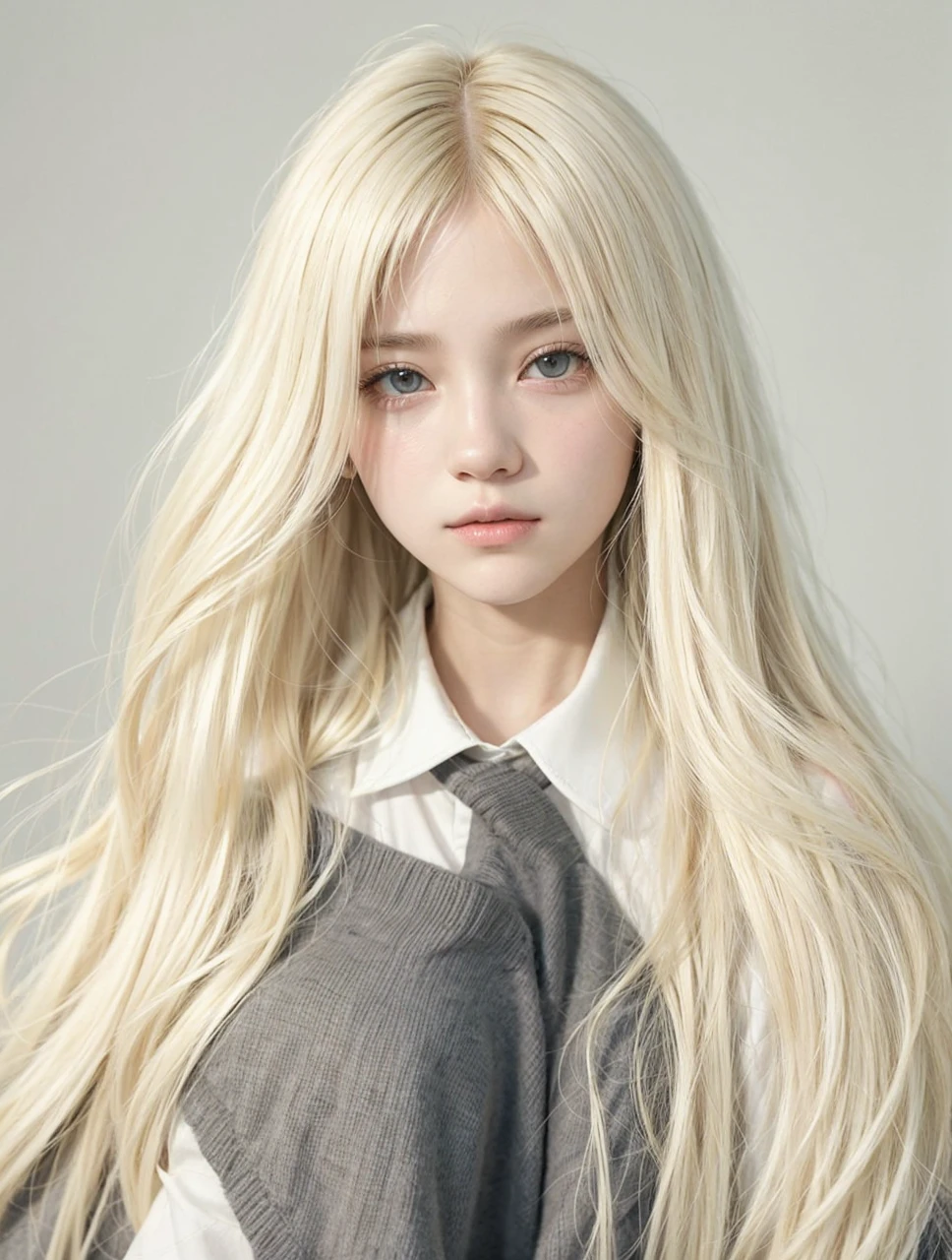 Two girls, one with short hair and straight white bangs with her light blonde hair and the other white with her straight, light blonde hair with the Masc tomboy style and the other more feminine ,background grey 