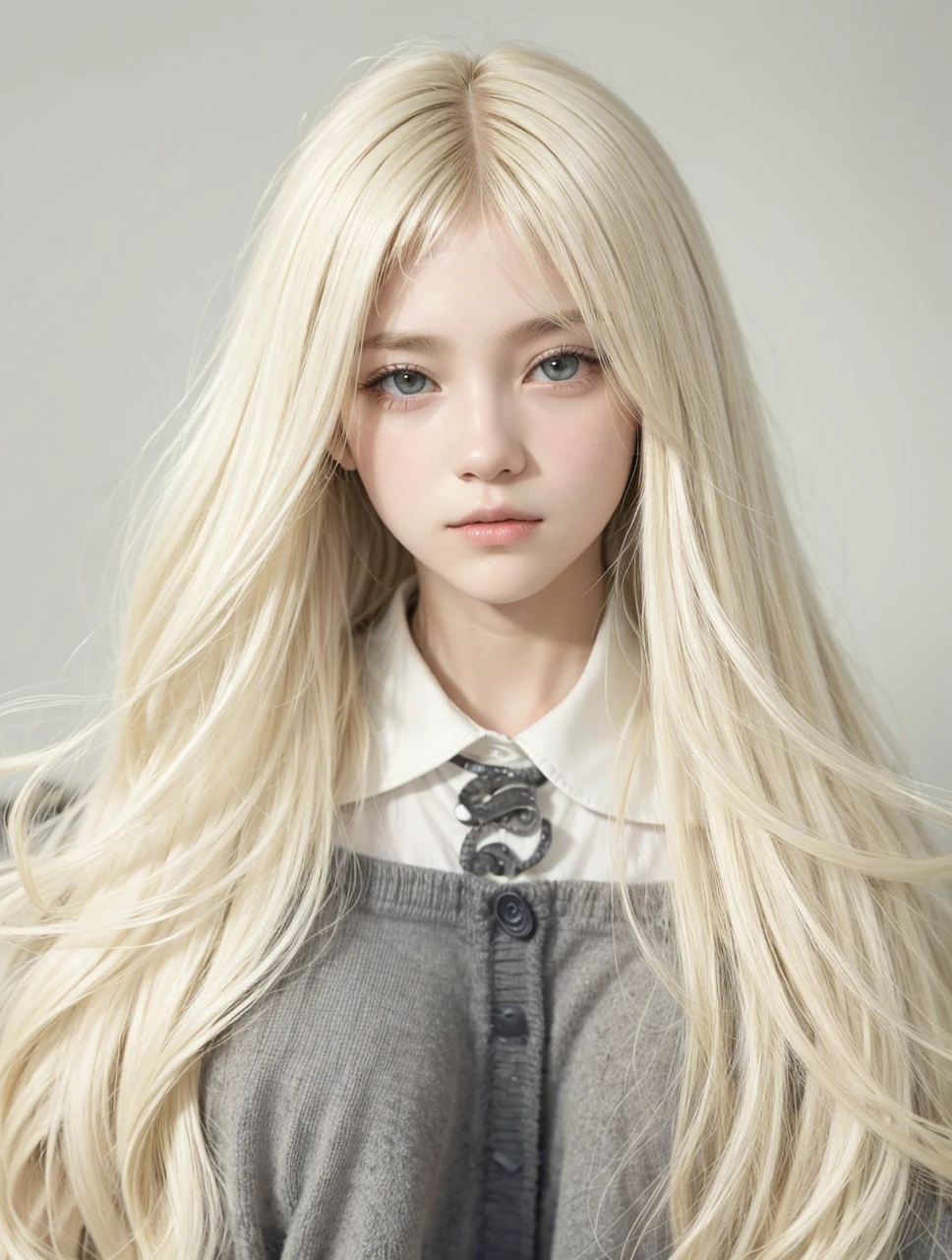 Two girls, one with short hair and straight white bangs with her light blonde hair and the other white with her straight, light blonde hair with the Masc tomboy style and the other more feminine ,background grey