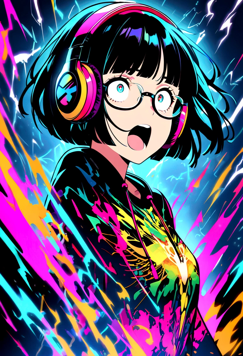 (extremely detailed fine touch:1.3), girl, solo, electric shock, x-ray art, wide-eyed, rolling eyes, open mouth, surprised expression, short hair, blunt bangs, (((under-rimmed glasses:1.3))), (headphones:1.3), double exposure bone body, skeleton body, Lightning storm in the background, night,