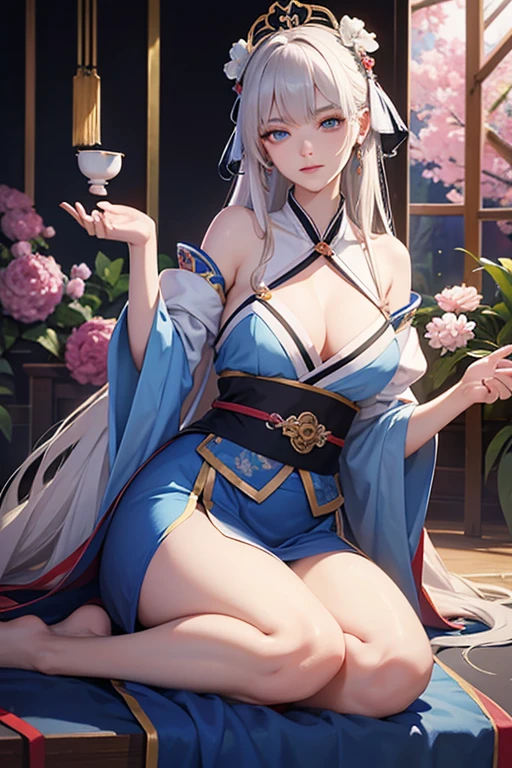 Anime girl sitting on a chair，Show your whole body体，Exhibition barefoot，There were flowers and a teapot, palace ， Girl wearing Hanfu, author：Yang J, g liulian art style, Guviz-style artwork, ((Beautiful fantasy queen)), Onmyoji detailed art, Beautiful character painting,, 8k high quality detailed art, like, heise jinyao，Exquisite and perfect facial features，Beautiful and delicate eyes，Long eyelashes，Delicate eyeliner，Almond eyes，blue eyes，dark pupils，There are bright spots in the eyes，Beautiful lip details，8K HD slices are correct，Oil painting thick painting style，Show your whole body，