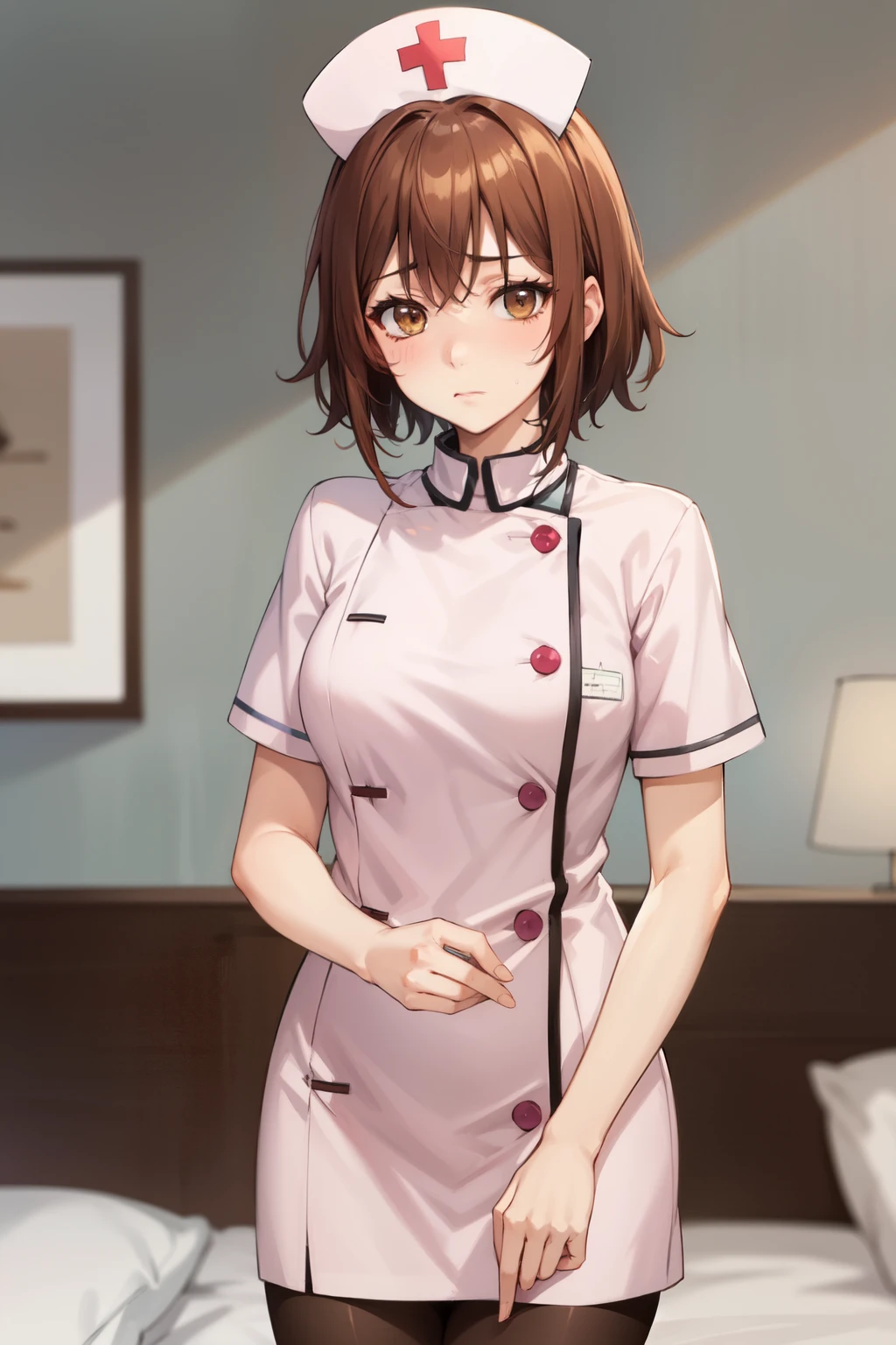 Highest quality, (masterpiece:1.2), Very detailed, 
One girl, alone,
View your viewers, Embarrassed expression, Medium chest, 
Brown eyes, Brown Hair, short hair, Nurse uniform、pantyhose、Bedroom