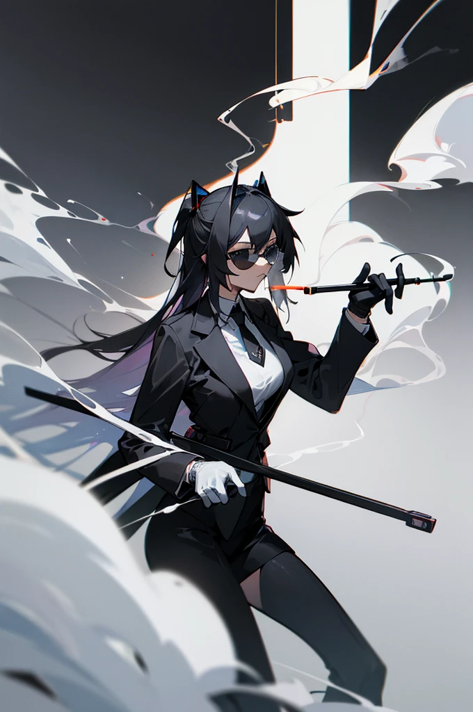 best quality, masterpiece, highres, solo, (silence_arknights:1.10), (black business suit:1.40), (tie:1.20), (sunglasses:1.25), (white gloves:1.15), (white shirt:1.10), (black skirt:1.15), (smoking:1.20), handsome, 23