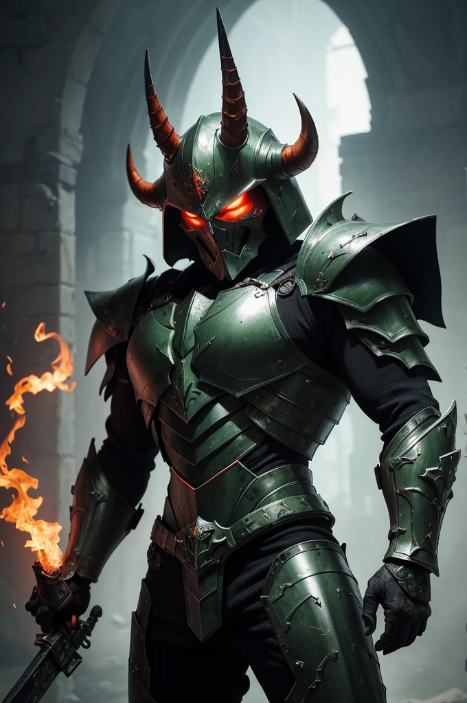 The image shows a highly detailed and stylized figure that looks like a monstrous warrior or warlord from a science fiction or fantasy universe.  He has bulky and complex armor, in shades of green, with details in red, gray and touches of orange.  Several parts of the armor have the appearance of bones or horns, contributing to a very menacing appearance.  The warrior's head is covered by a helmet that looks like a skull.  He carries a weapon that emits smoke or purple energy.  In the background, there is a giant skull and other adornments that suggest a theme of death or war.  Other small characters or masks are visible, detailed with bright colors like blue and red, adding an intriguing contrast to the predominantly dark set.