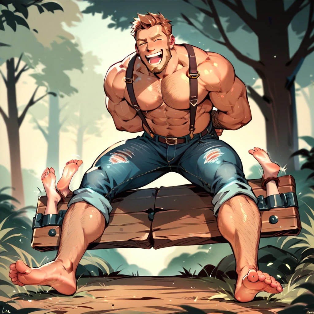 ,, handsome muscular shirtless brown haired bearded hairy man laughing hands behind back and feet tied in stocks on top of a fallen log, wearing suspenders and a jeans, tickled ribs, feet tickling  by hands forest background,  