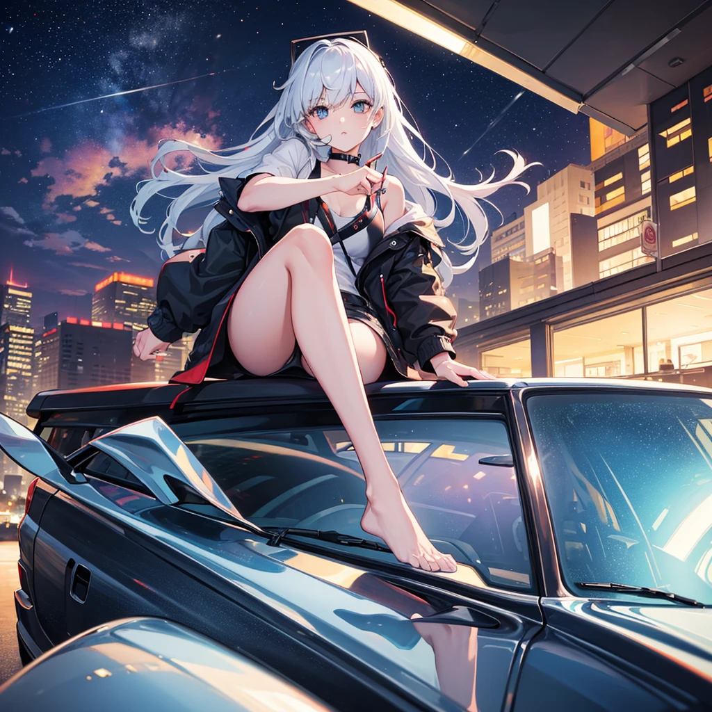 1 girl, Sit on the hood of the car, smoking, night time