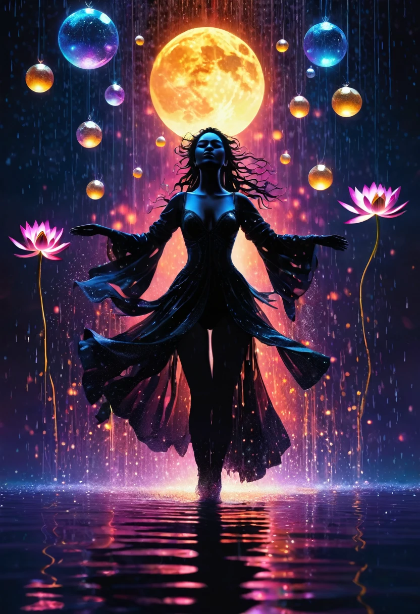 heavy rain,In the middle of the lake, Mysterious female black silhouette in the middle of the night, Surrounded by glowing spheres, Summoners dance to appease the spirits of the dead. Ceremonial canvas clothing. Sensual. Multiple magic arrays. Dynamic dance. Water Lily. Colorful palette.